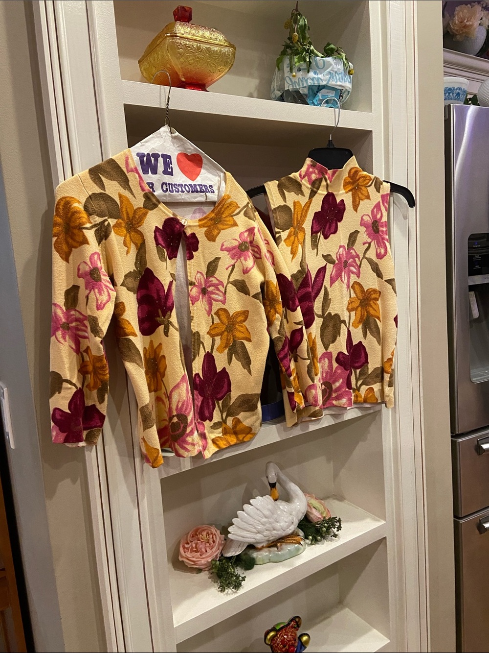 Caché 2 piece Floral Knit Cardigan & Shell Set in Yellow, Pink & Brown